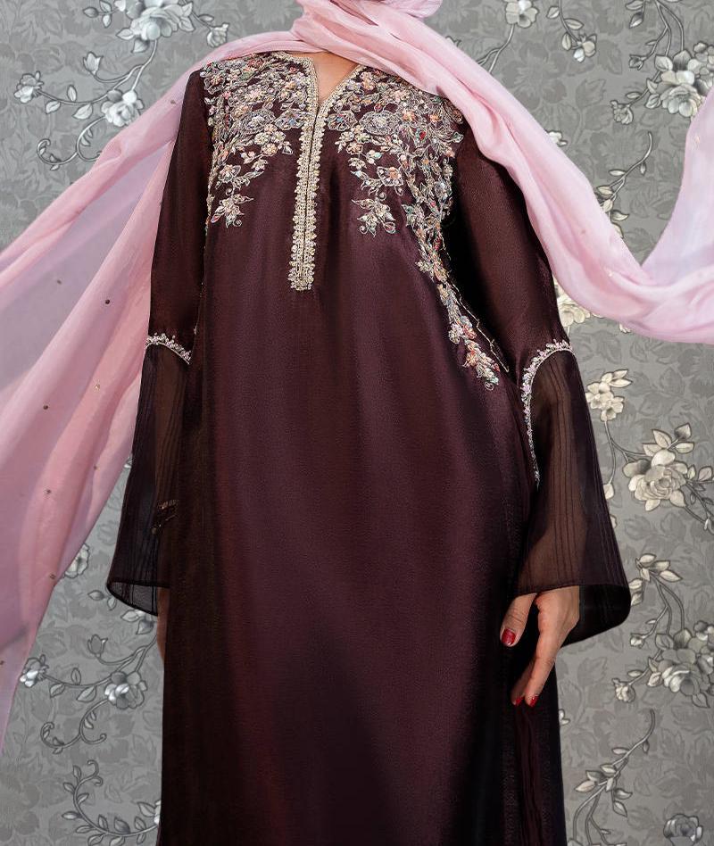 Pink Tulip Embroidered Silk Dress with Chiffon Dupatta | Elegant Brown Party Wear | PR-0389
