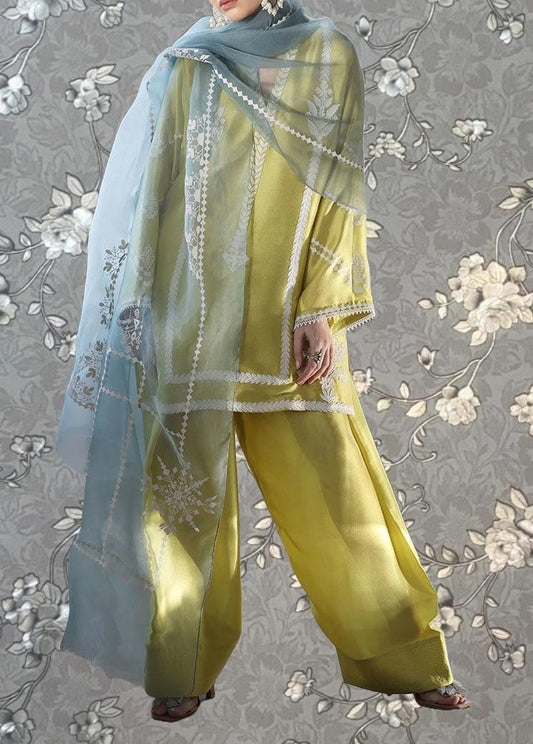 A person wearing a yellow and blue outfit with intricate embroidery stands against a gray floral background.