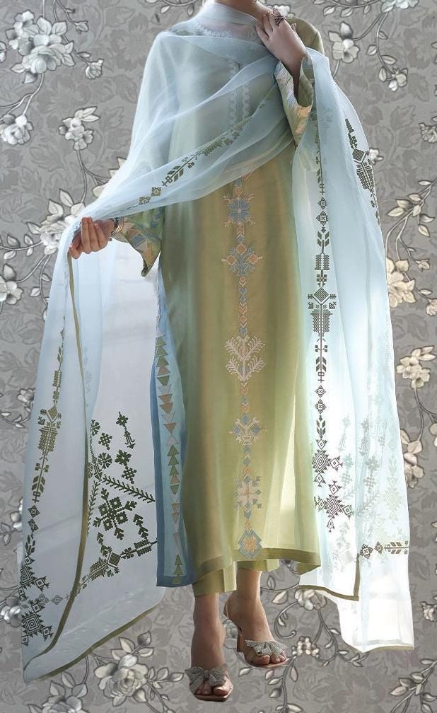 A person wearing a long, light green dress with intricate embroidered patterns, standing against a gray floral background.