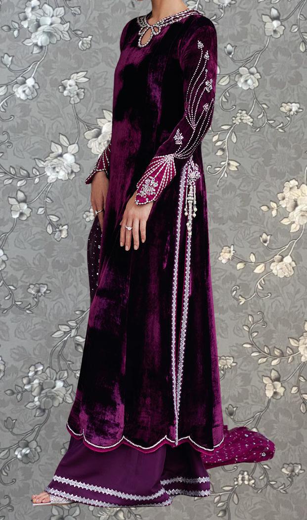 A woman wearing a long, purple velvet dress with intricate embroidery and a matching purple skirt, standing against a gray floral background.