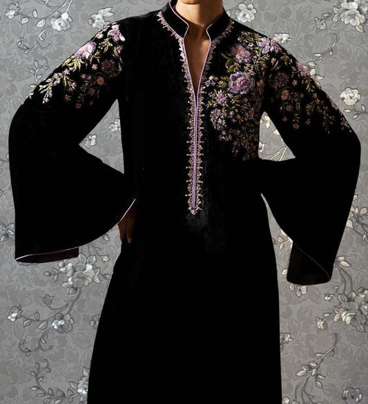 Black Velvet Kaftan with Lavender Floral Embroidery | Formal Long Dress by Pink Tulip PR-0336