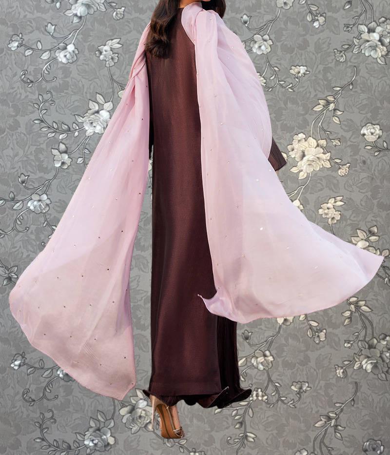 Pink Tulip Embroidered Silk Dress with Chiffon Dupatta | Elegant Brown Party Wear | PR-0389