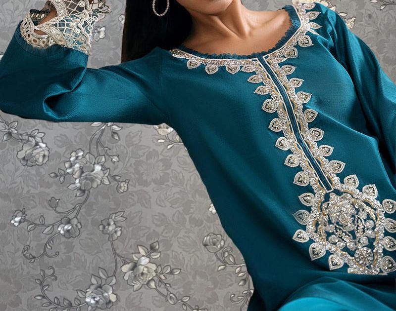 Teal Blue Embroidered 3-Piece Formal Suit | Royal Ethnic Wear by Pink Tulip PR-0334