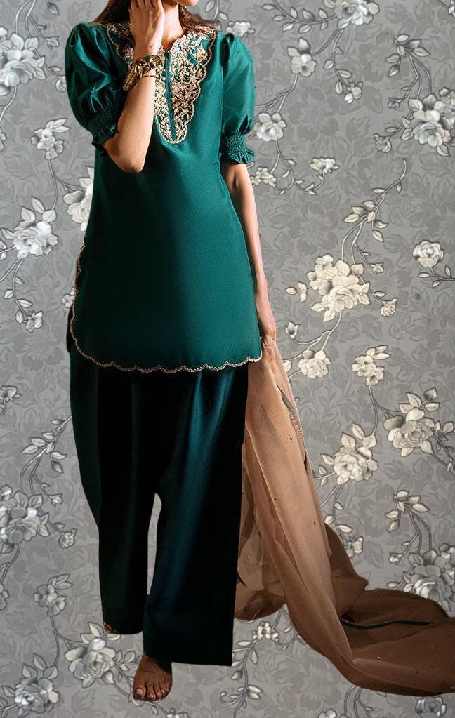 Emerald Green Embroidered Formal Suit – 3-Piece Modest Ensemble by Pink Tulip PR-0333