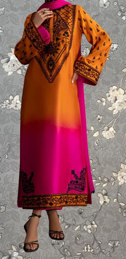 Mustard & Magenta Embroidered Kaftan Dress with Dupatta | Pink Tulip PR-0398