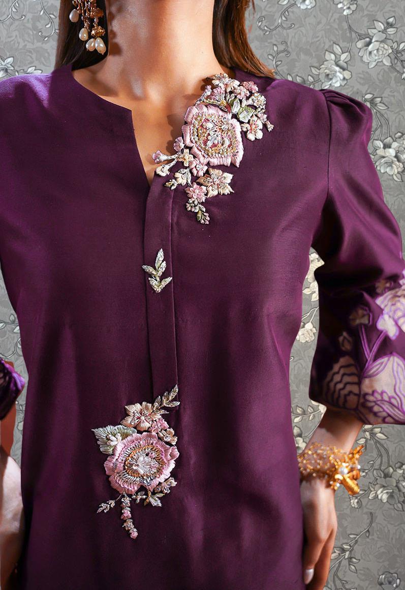 Plum Blossom Embroidered Formal Dress – 3 Piece Designer Outfit by Pink Tulip PR-0329