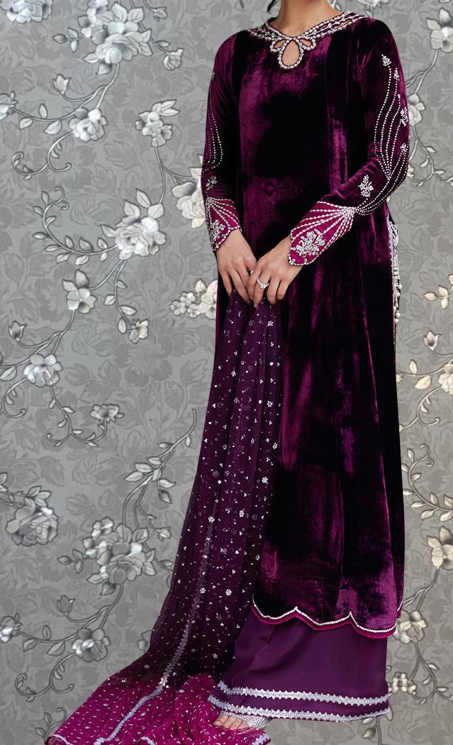 A woman wearing a long, purple velvet dress with intricate embroidery and a matching pink and white patterned skirt.