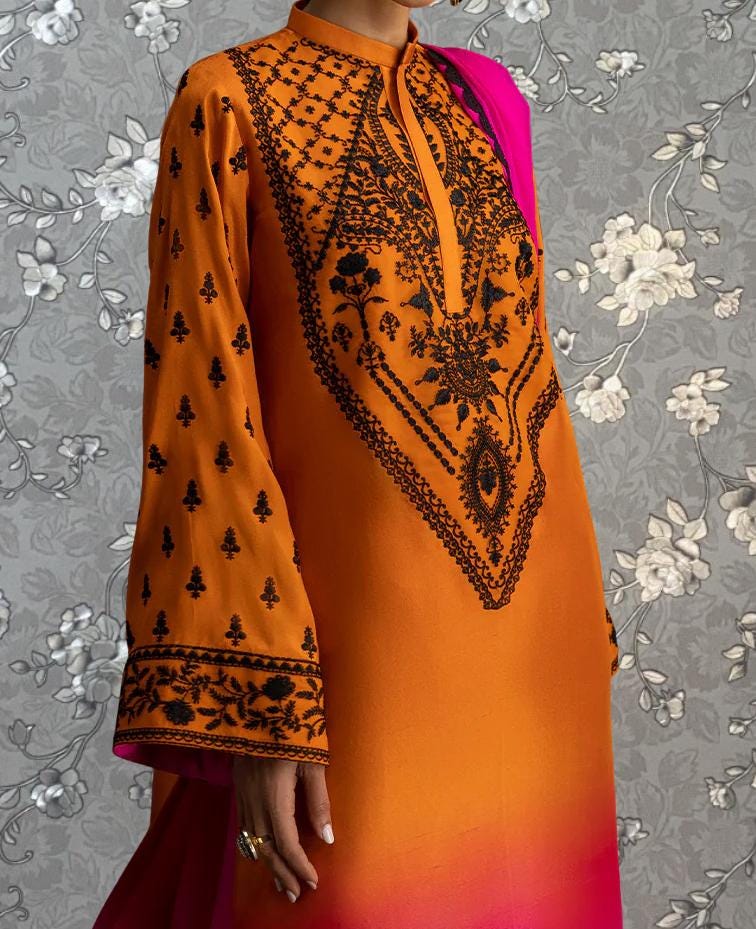 Mustard & Magenta Embroidered Kaftan Dress with Dupatta | Pink Tulip PR-0398