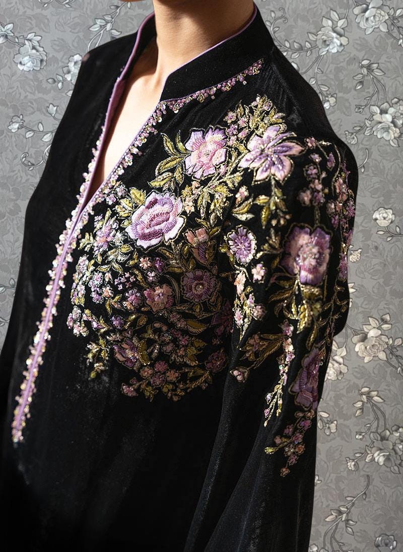 Black Velvet Kaftan with Lavender Floral Embroidery | Formal Long Dress by Pink Tulip PR-0336
