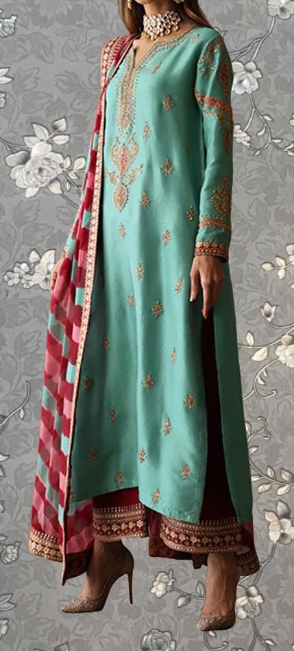 A woman wearing a long, green dress with gold embroidery and a red and white checkered shawl.