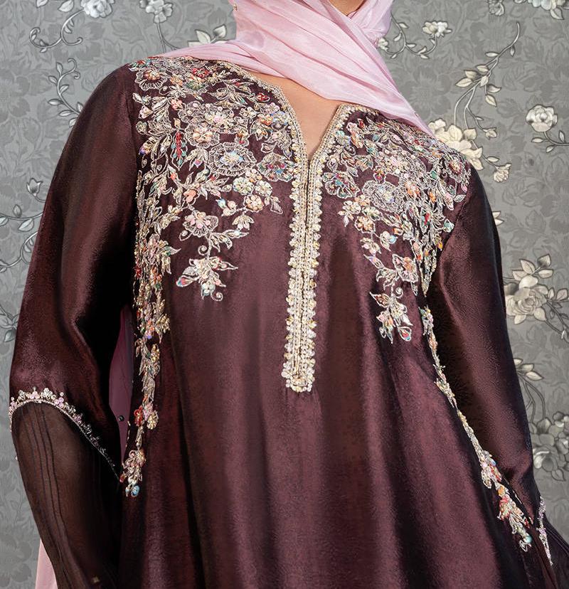 Pink Tulip Embroidered Silk Dress with Chiffon Dupatta | Elegant Brown Party Wear | PR-0389
