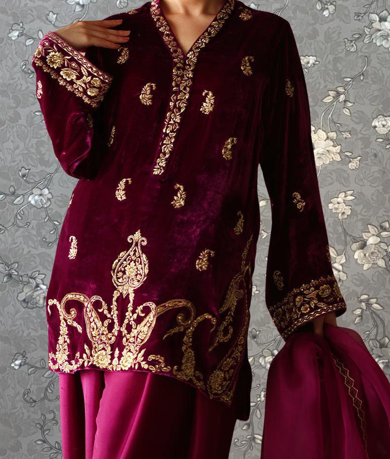 A person wearing a long, burgundy velvet dress with gold embroidery and a paisley pattern.