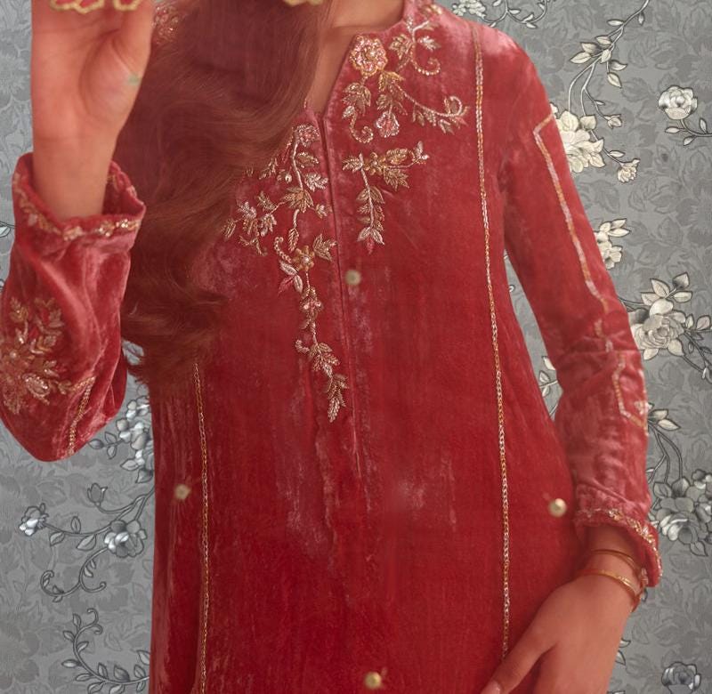 A close-up of a person wearing a red velvet dress with intricate embroidery and gold accents.