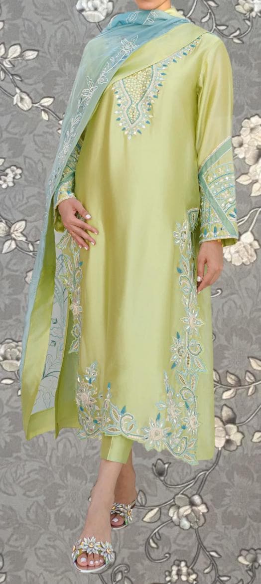A person wearing a long, yellow dress with intricate embroidered designs on the sleeves and skirt, standing against a gray floral background.