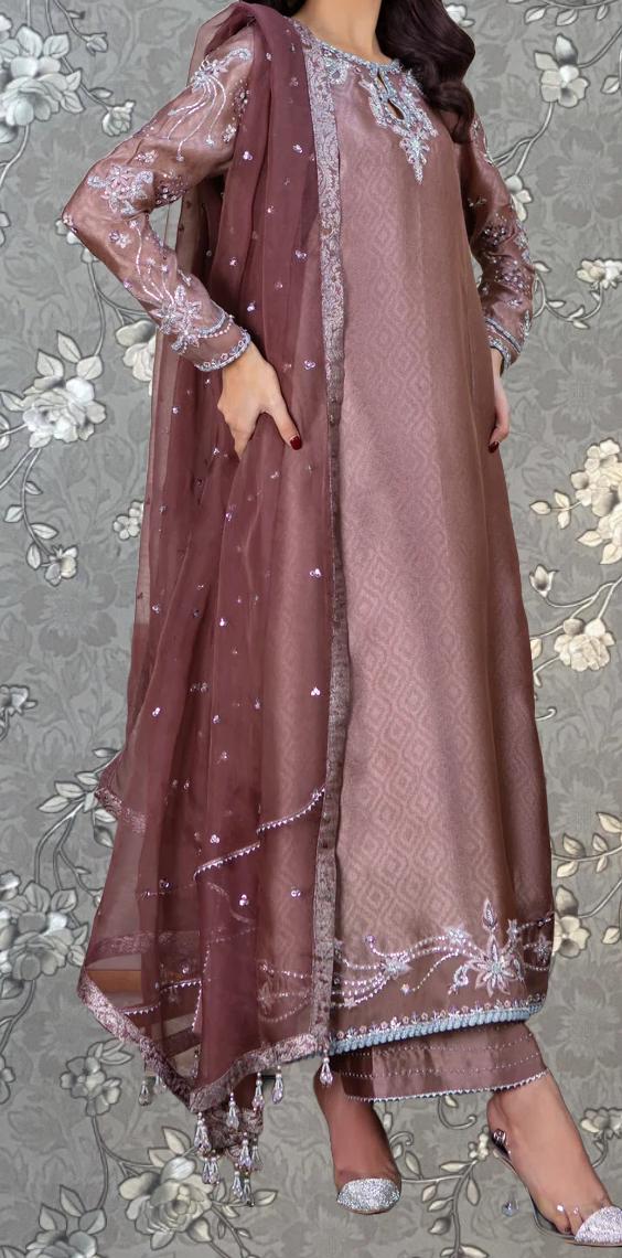 A woman wearing a long, pink dress with intricate embroidery and a matching shawl.