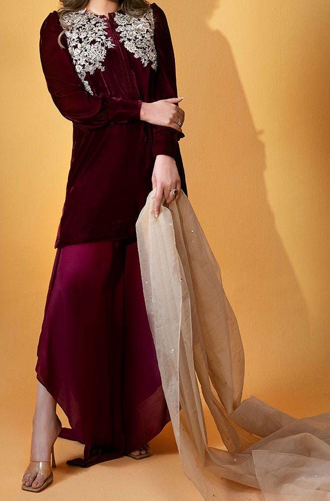 Crimson Velvet Embroidered Formal Suit | 2-Piece Pakistani Outfit by Pink Tulip PR-0335
