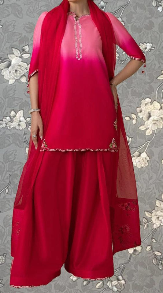 A woman wearing a vibrant red and pink dress with a matching red shawl, standing against a gray floral background.