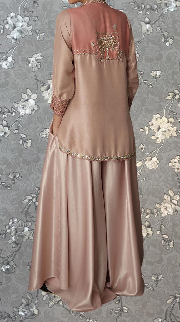 a person wearing a long, flowing pink dress with intricate embroidery on the back.
