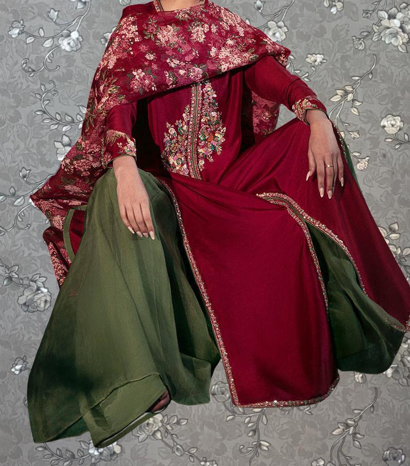 Scarlet Rose Front-Open Formal Gown with Dupatta – 3-Piece Designer Ensemble by Pink Tulip PR-0331