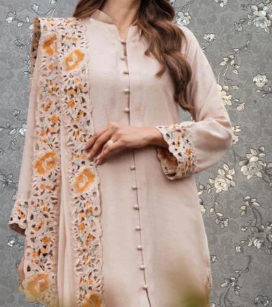 A woman wearing a long, light pink dress with intricate floral embroidery on the sleeves and collar.