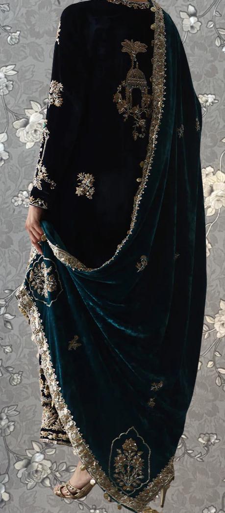 a person wearing an ornate, embroidered black and green velvet dress with a long, flowing cape. The dress features intricate gold embroidery and a matching cape, creating a striking and elegant appearance.