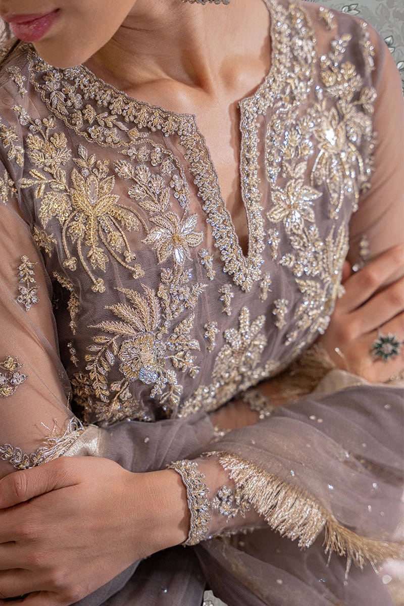 A close-up of a woman wearing an intricately embroidered dress with a high neckline and long sleeves.