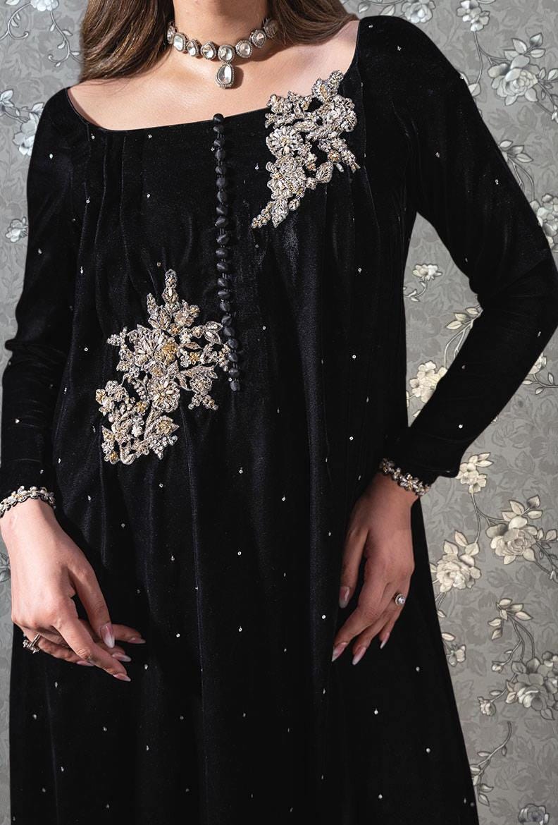 Black Velvet Formal Set with Pearl Embellishments | Luxury Wear Pink Tulip PR-0338