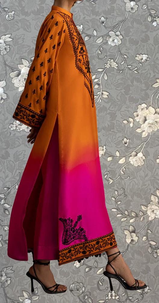 Mustard & Magenta Embroidered Kaftan Dress with Dupatta | Pink Tulip PR-0398