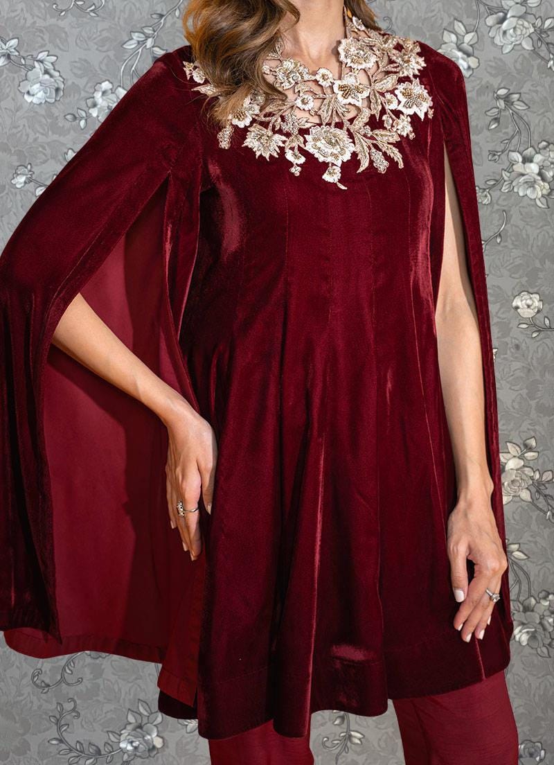 Crimson Velvet Cape Top with Embroidery | Festive Cape Outfit by Pink Tulip PR-0337