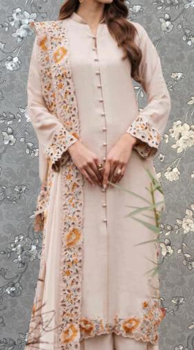 A woman wearing a long, light pink dress with intricate floral embroidery on the sleeves and collar.