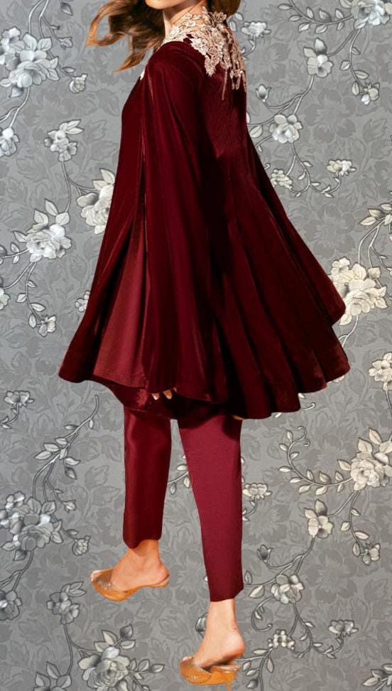 Crimson Velvet Cape Top with Embroidery | Festive Cape Outfit by Pink Tulip PR-0337