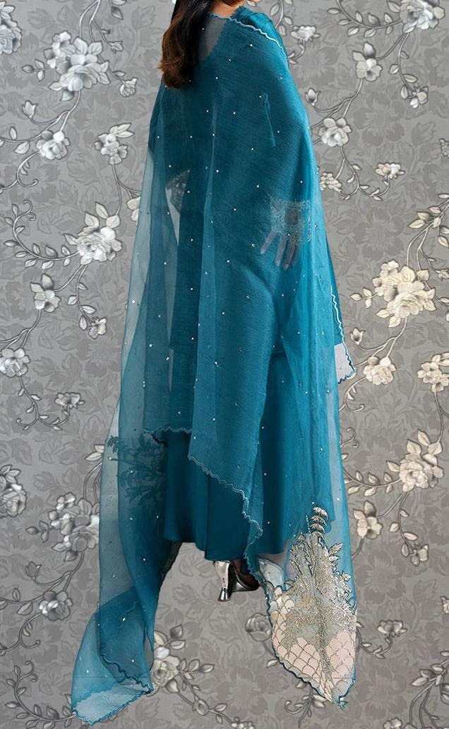 Teal Blue Embroidered 3-Piece Formal Suit | Royal Ethnic Wear by Pink Tulip PR-0334