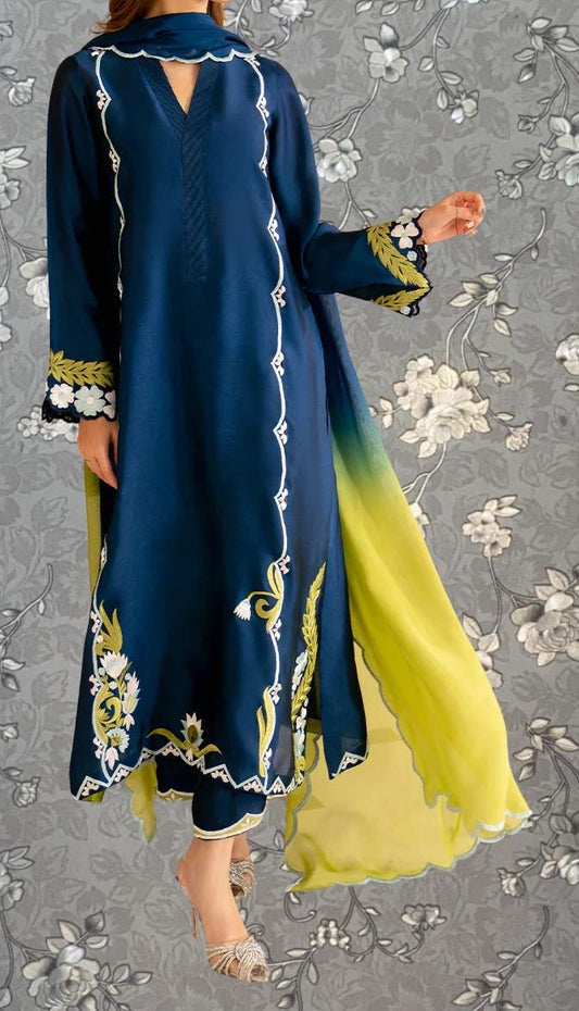 A person wearing a blue and yellow dress with intricate embroidery, standing against a gray floral background.