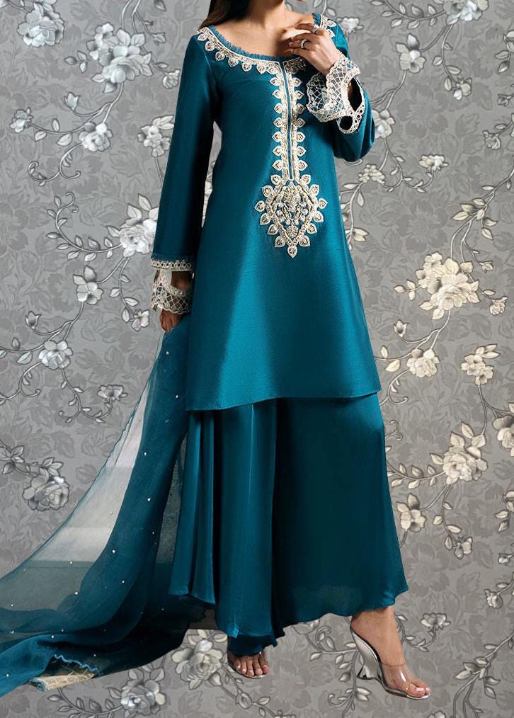 Teal Blue Embroidered 3-Piece Formal Suit | Royal Ethnic Wear by Pink Tulip PR-0334