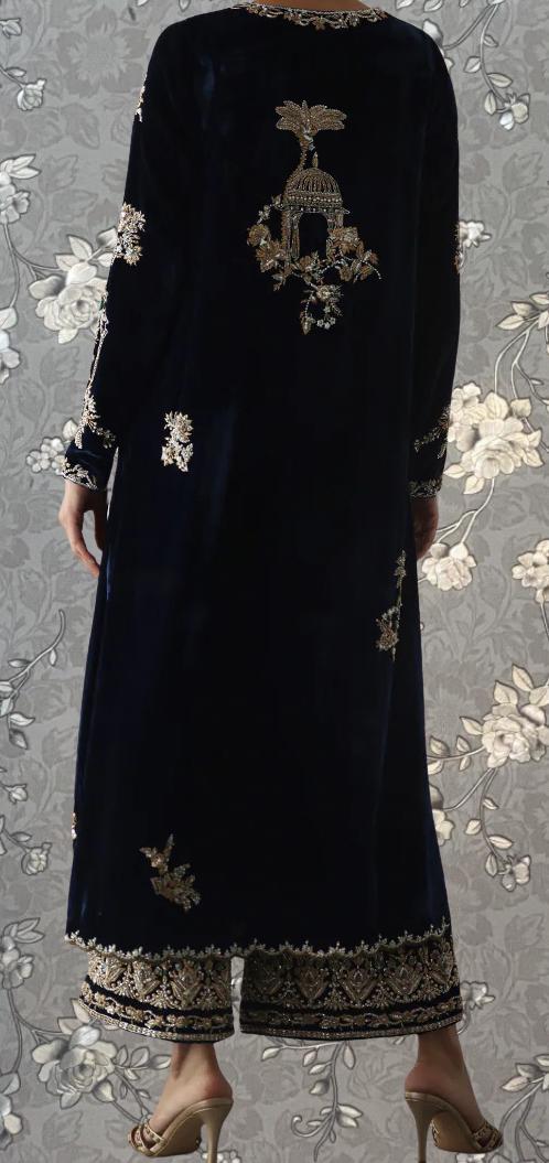 a person wearing a long, black velvet coat with intricate embroidered designs on the back. The coat has a high collar and long sleeves, and the person is standing against a gray floral background.