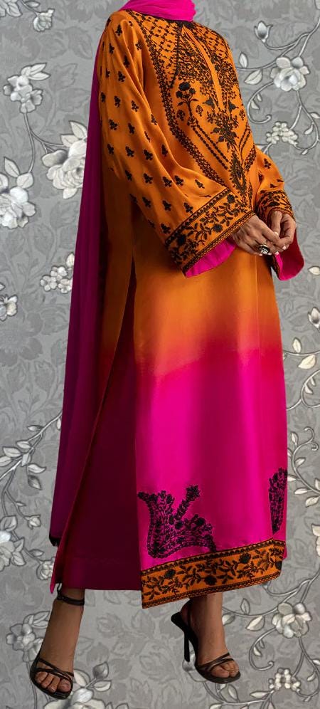 Mustard & Magenta Embroidered Kaftan Dress with Dupatta | Pink Tulip PR-0398