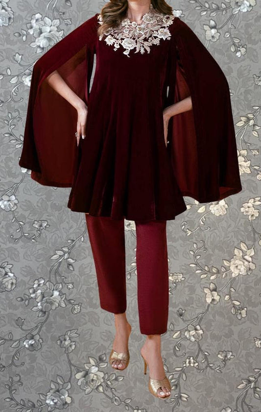 Crimson Velvet Cape Top with Embroidery | Festive Cape Outfit by Pink Tulip PR-0337