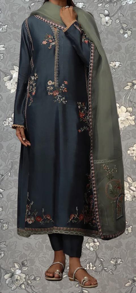 A person wearing a long, dark blue dress with intricate embroidered patterns on the front and sides. The dress has a green shawl draped over the shoulders, and the person is wearing sandals.