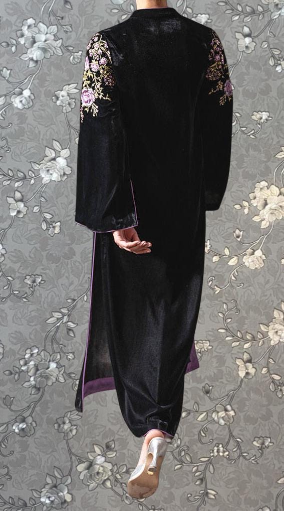 Black Velvet Kaftan with Lavender Floral Embroidery | Formal Long Dress by Pink Tulip PR-0336