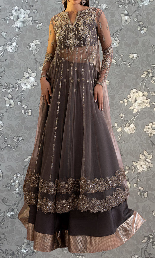 A woman wearing an ornate, long dress with intricate embroidery and a high collar.