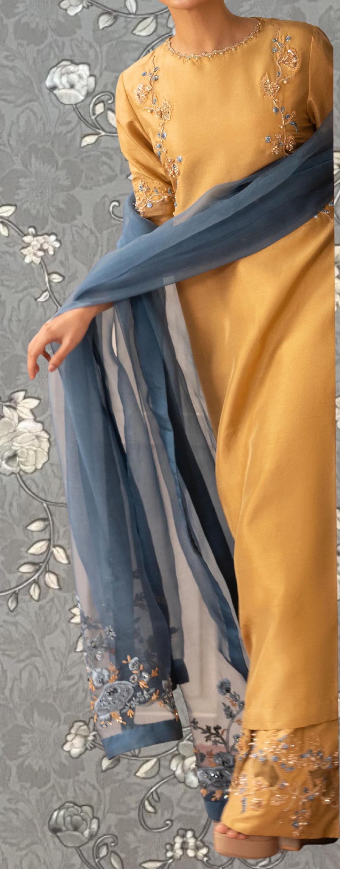 A close-up of a person wearing a gold dress with blue accents, including a blue shawl draped over the shoulders.