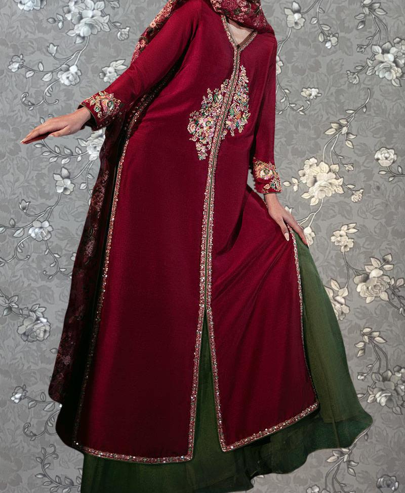 Scarlet Rose Front-Open Formal Gown with Dupatta – 3-Piece Designer Ensemble by Pink Tulip PR-0331