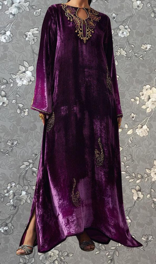 A long, purple velvet dress with gold embroidery and floral patterns.