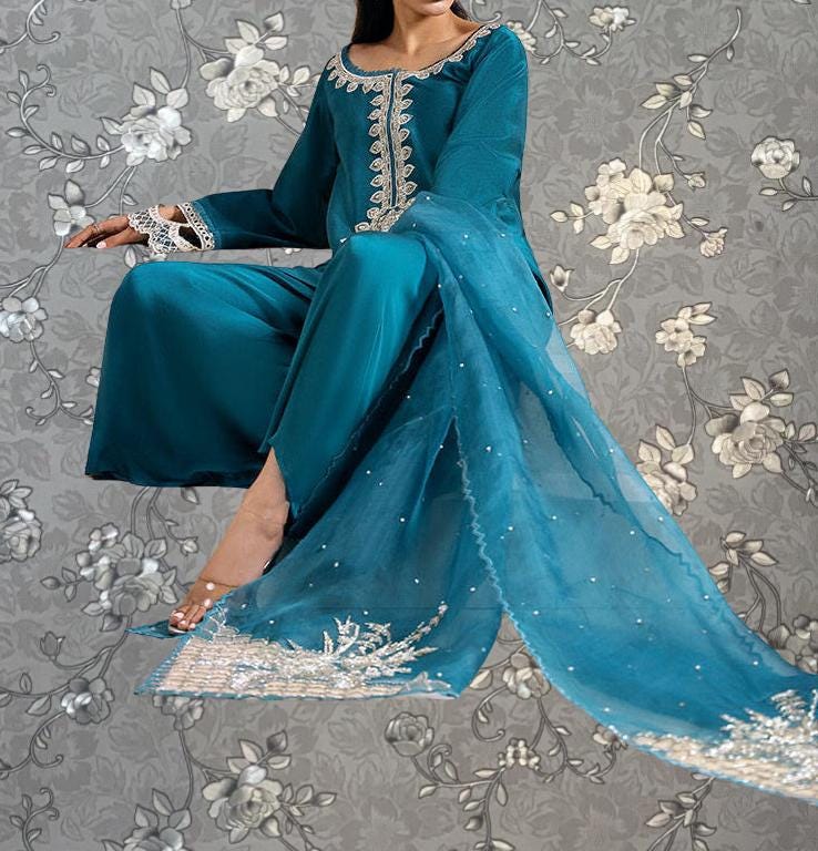 Teal Blue Embroidered 3-Piece Formal Suit | Royal Ethnic Wear by Pink Tulip PR-0334