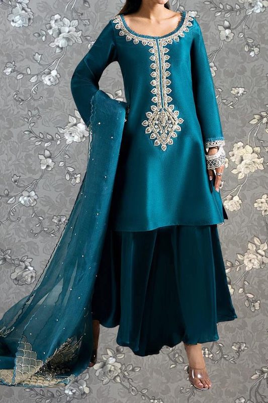 Teal Blue Embroidered 3-Piece Formal Suit | Royal Ethnic Wear by Pink Tulip PR-0334