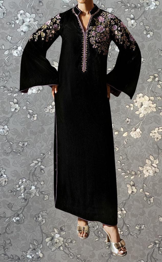 Black Velvet Kaftan with Lavender Floral Embroidery | Formal Long Dress by Pink Tulip PR-0336