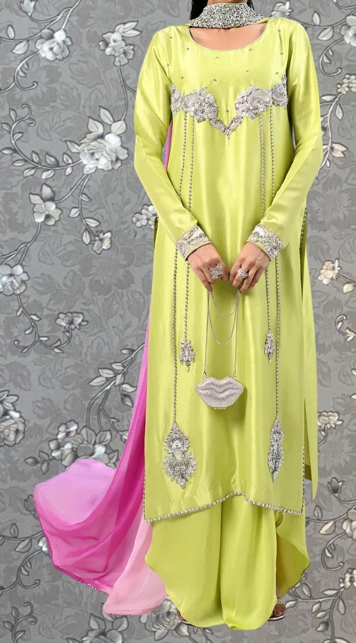 A person wearing a bright yellow dress with intricate embroidery and jewelry, standing against a gray floral background.