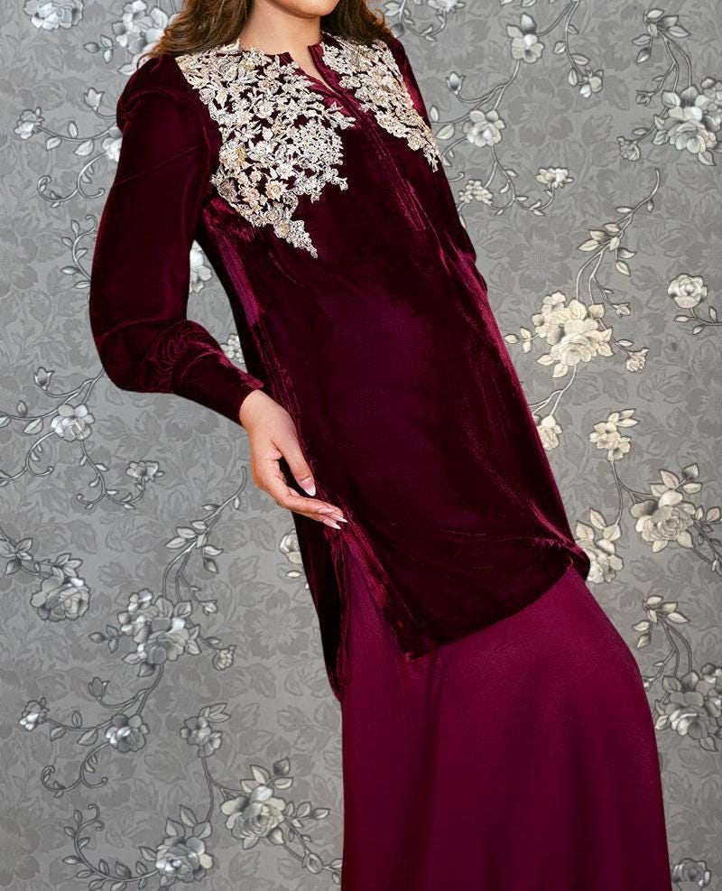 Crimson Velvet Embroidered Formal Suit | 2-Piece Pakistani Outfit by Pink Tulip PR-0335