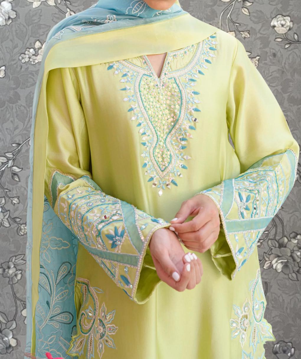 A person wearing a yellow and blue dress with intricate embroidery and patterns, standing against a gray floral background.