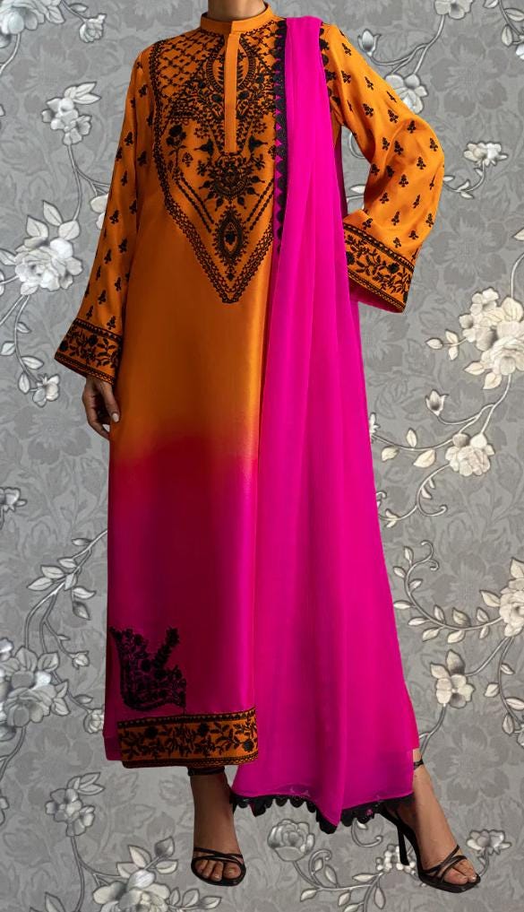 Mustard & Magenta Embroidered Kaftan Dress with Dupatta | Pink Tulip PR-0398